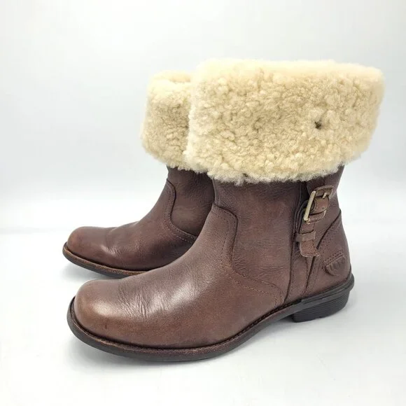 Ugg Bellevue Women's Sz 6.5 Leather & Genuine Sheepskin Wool Winter Boots Brown - Picture 1 of 16